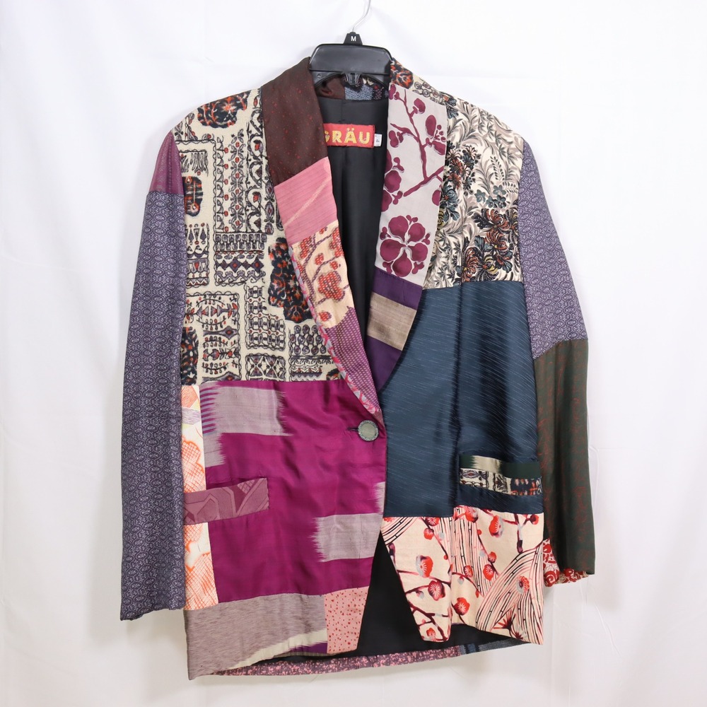 Grau Patchwork Blazer M Multicolor Womens Boho Eclectic Jacket DAMAGED